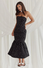 Seraphina Midi Dress - Polka Dot Strapless Lace Neck Gathered Mermaid Skirt Dress in Black Polka Dot