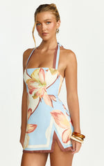 Robyn Mini Dress - Square Neck Halter Neck Faux Wrap Dress in Retro Flower Border Print