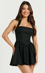 Helda Mini Dress - Halter Tie Neck Corset Panel Dress in Black