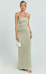 Laurie Maxi Dress - Strapless Draped Satin Dress in Light Olive