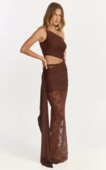 Ferguson Maxi Dress - One Shoulder Draped Jersey and Lace Dress in Chocolate