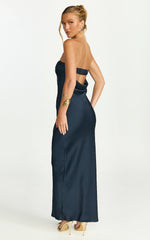 Zaya Midi Dress - Strapless Satin Slip Dress in Navy