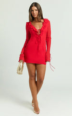 Alesya Mini Dress - Ruffle Plunge Neck Long Sleeve Tie Detail Dress in Red