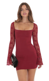 Lace Long Sleeve Bodycon Dress in Maroon