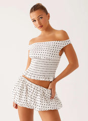 Heather Off Shoulder Top - White Black Polka Dot