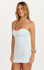 Helda Mini Dress - Corset Bodice Sheer Overlay Bodycon Dress in Soft Blue
