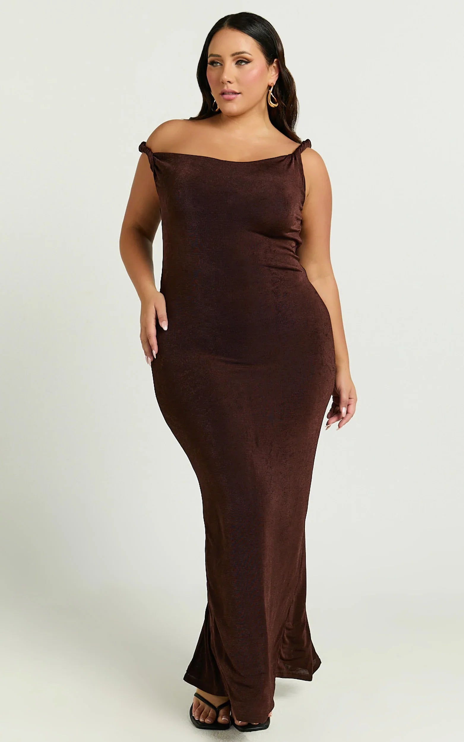 Isabel Midi Dress - Twist Off Shoulder Bodycon Dress in Chocolate