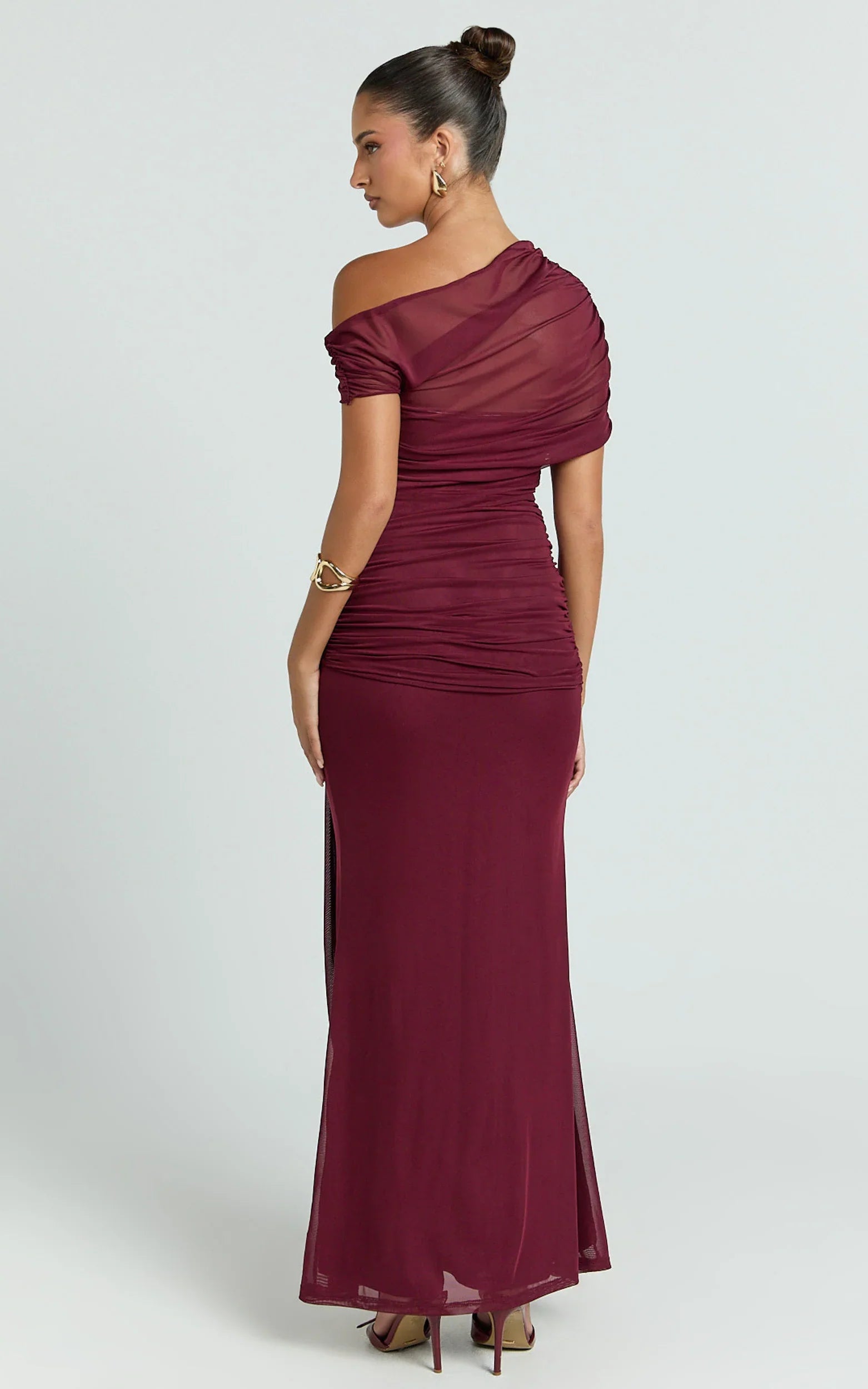 Nicolette Maxi Dress - Cape Sleeve Off Shoulder Dress in Wine