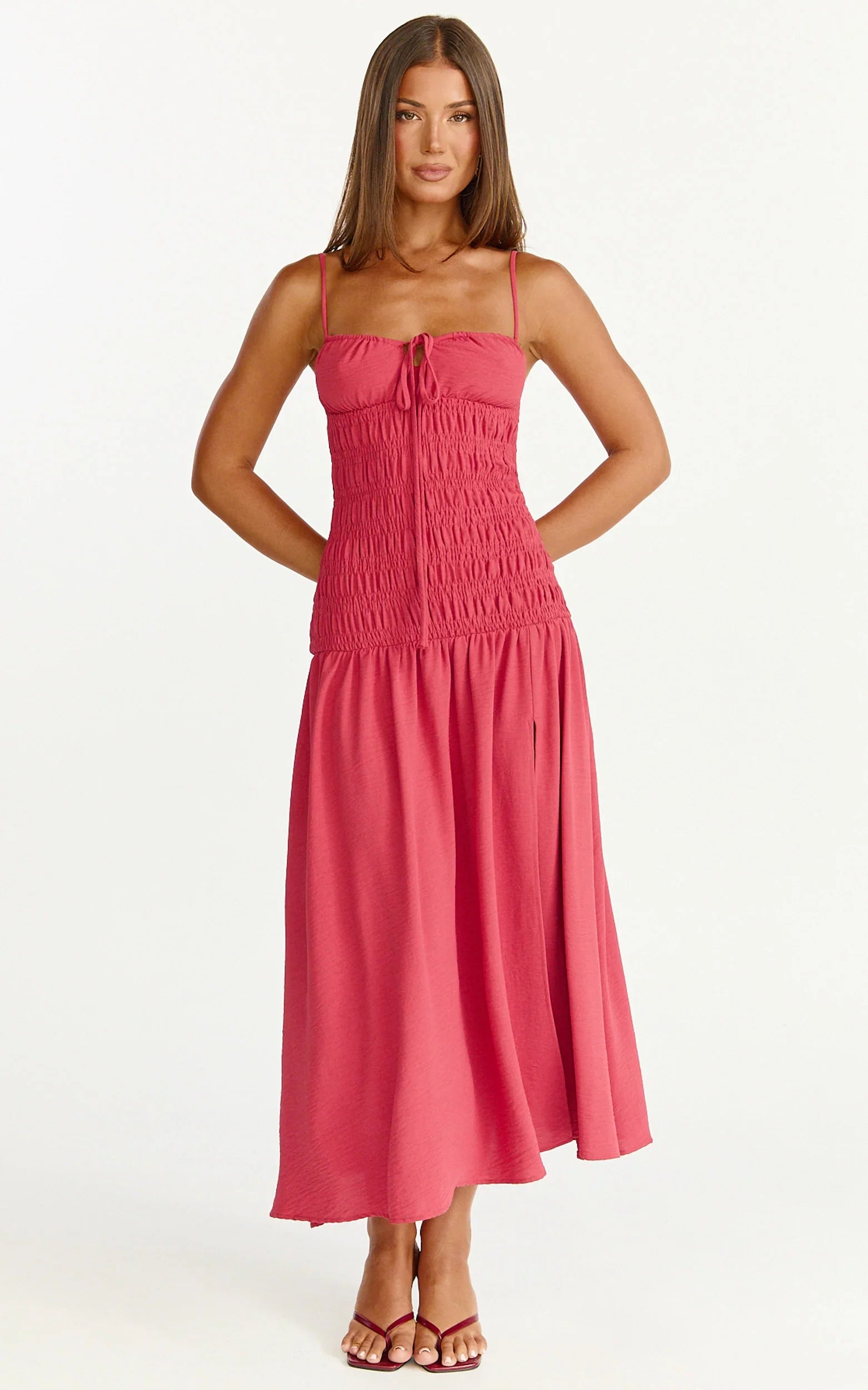Eloise Midi Dress - Shirred Bodice Split Leg A Line Dress in Rose
