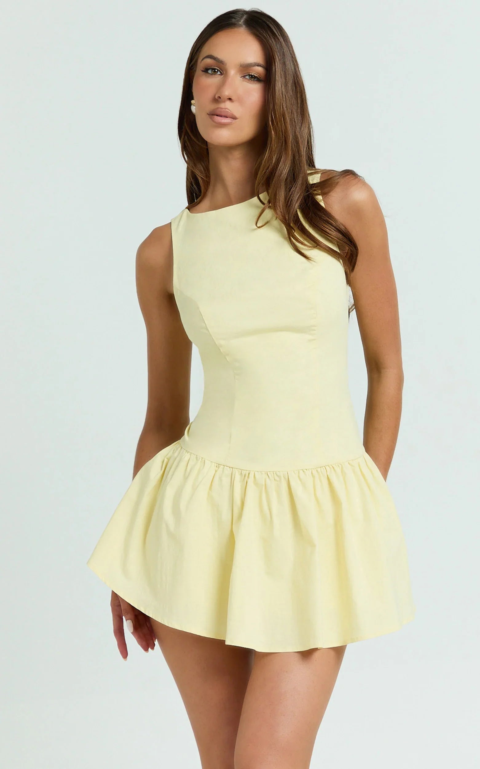Izira Mini Dress - Boat Neck Drop Waist Shift Dress in Butter Yellow