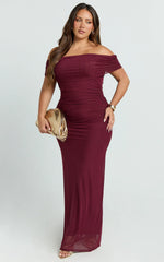 Caterina Maxi - Ruched Off Shoulder Mesh Dress in Wine