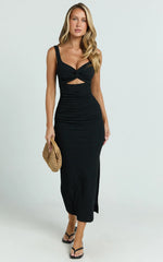 Bianca Midi Dress - Twist Front Cut Out Ruched Dress in Black