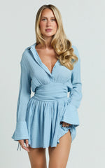Valerie Mini Dress - Collared Long Sleeve Waist Shirt Dress in Pale Blue