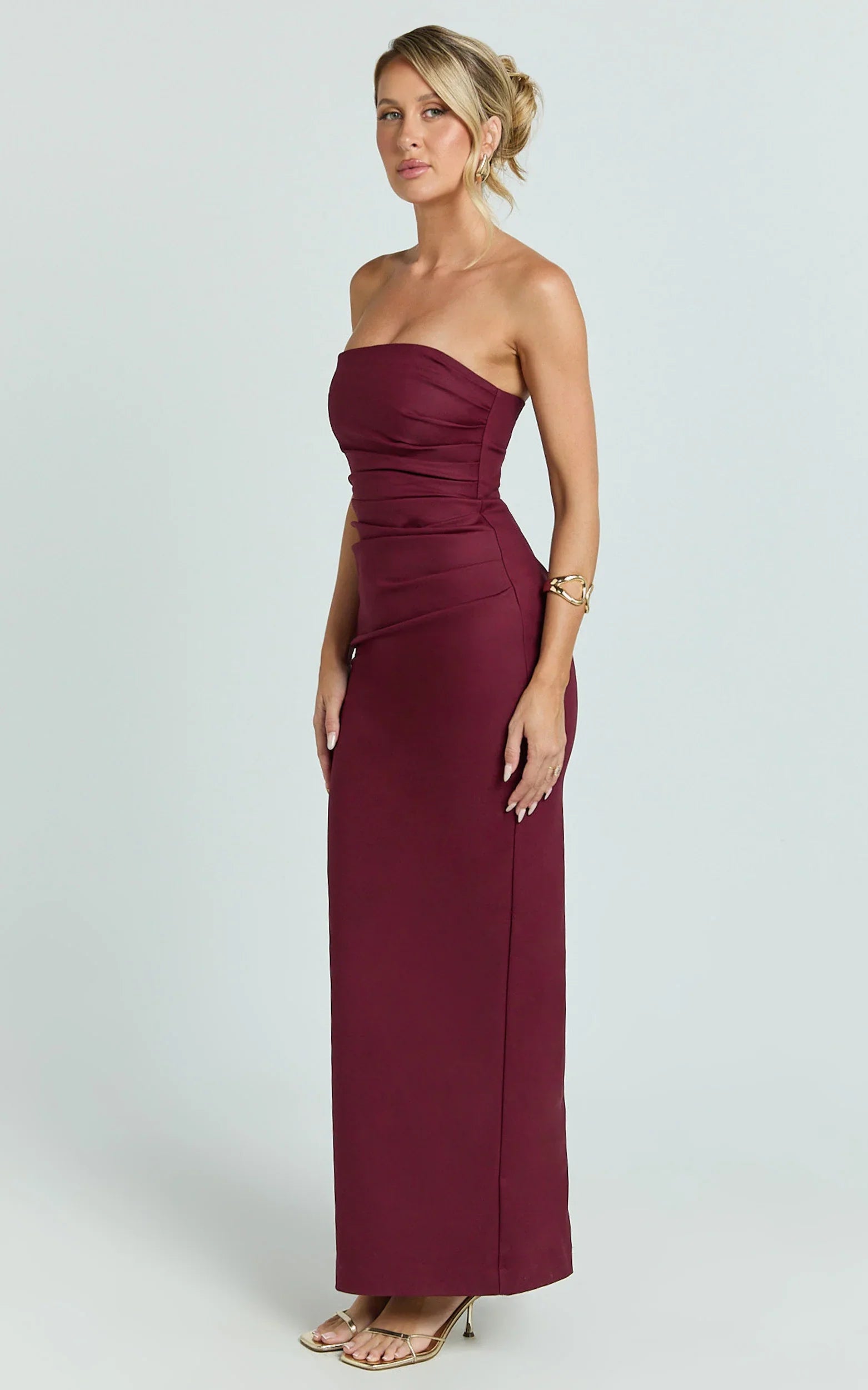 Jamie Maxi Dress - Strapless Ruched Fitted Column Dress in Wine