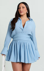 Valerie Mini Dress - Collared Long Sleeve Waist Shirt Dress in Pale Blue