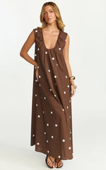 Simone Maxi Dress - U Halter Neck Linen Polkadot Dress in Chocolate