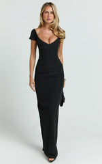 Veronika Maxi Dress - Off Shoulder Plunge High Split Dress in Black