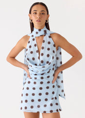 Get Me Halter Mini Dress - Blue Mocha Dot