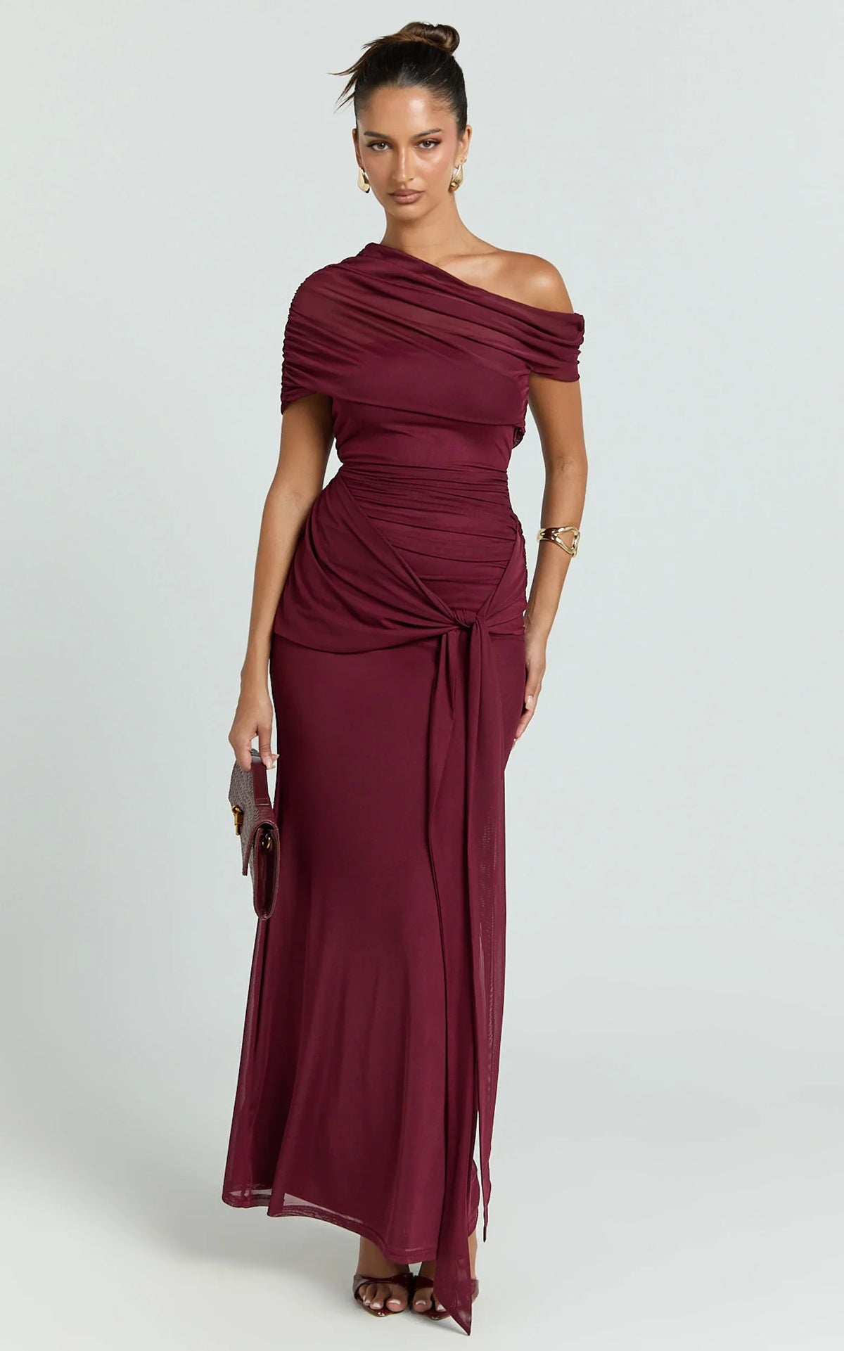 Nicolette Maxi Dress - Cape Sleeve Off Shoulder Dress in Wine
