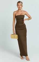Jamie Maxi Dress - Strapless Ruched Fitted Column Dress in Chocolate