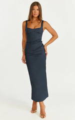Benita Midi Dress - Scoop Neck Ruched Fitted Dress in Navy