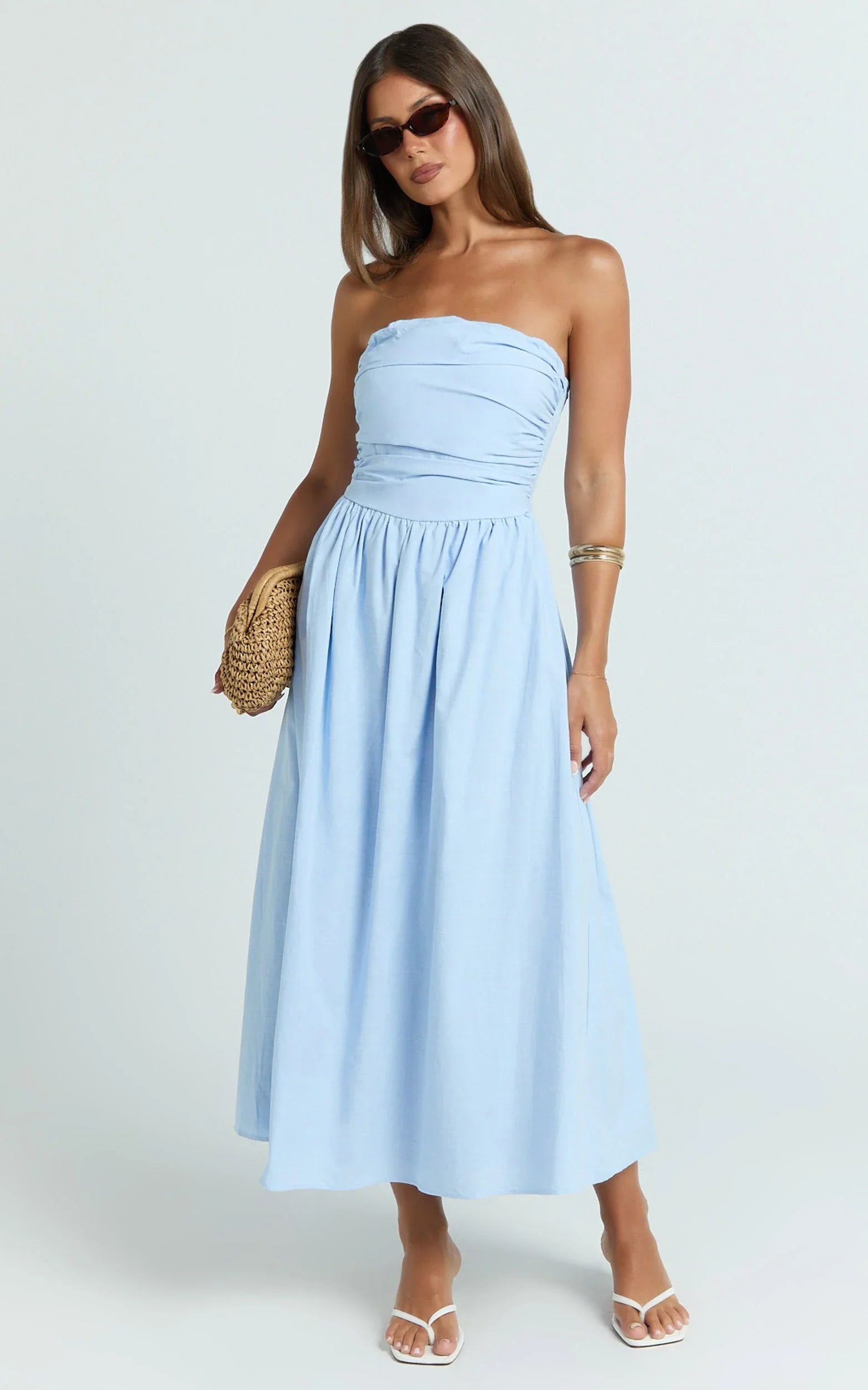 Polly Midi Dress - Strapless Ruched Dress in Blue