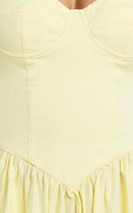 Daria Midi Dress - Strapless Corset Gathered Dress in Lemon