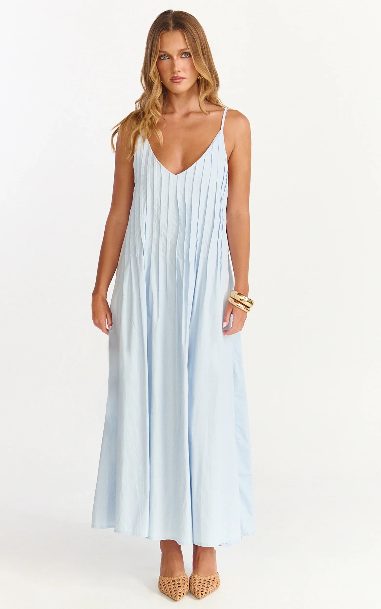 Estelle Maxi Dress - V Neck Pleated Dress in Blue