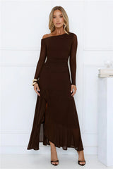 Chic Mesh One Shoulder Maxi Dress Brown