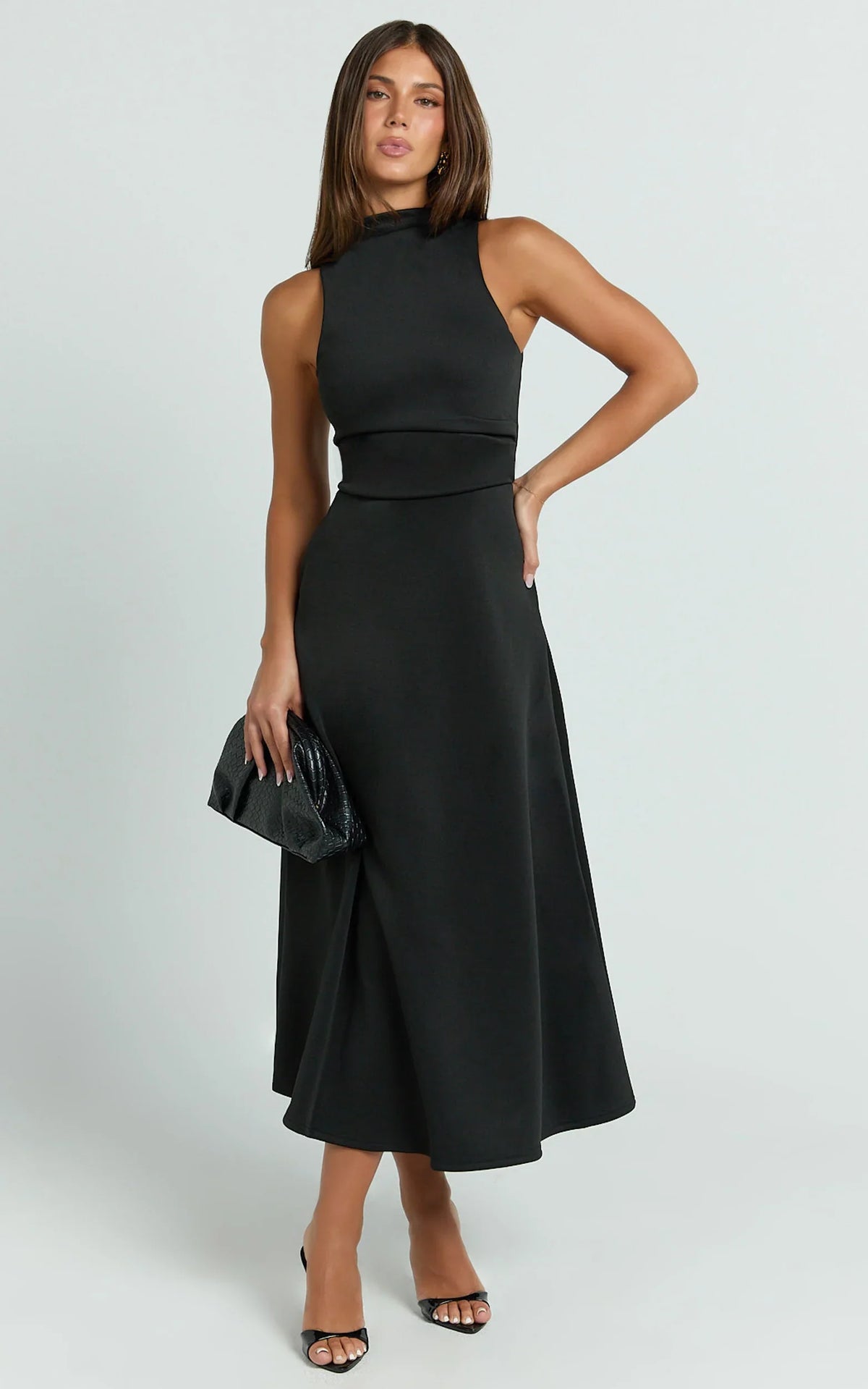 Macy Midi Dress - High Neck A Line Dress in Black