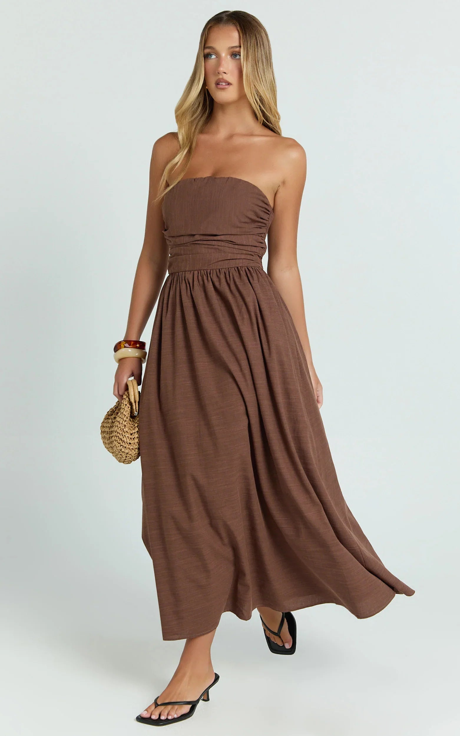 Polly Midi Dress - Strapless Ruched Dress in Chocolate