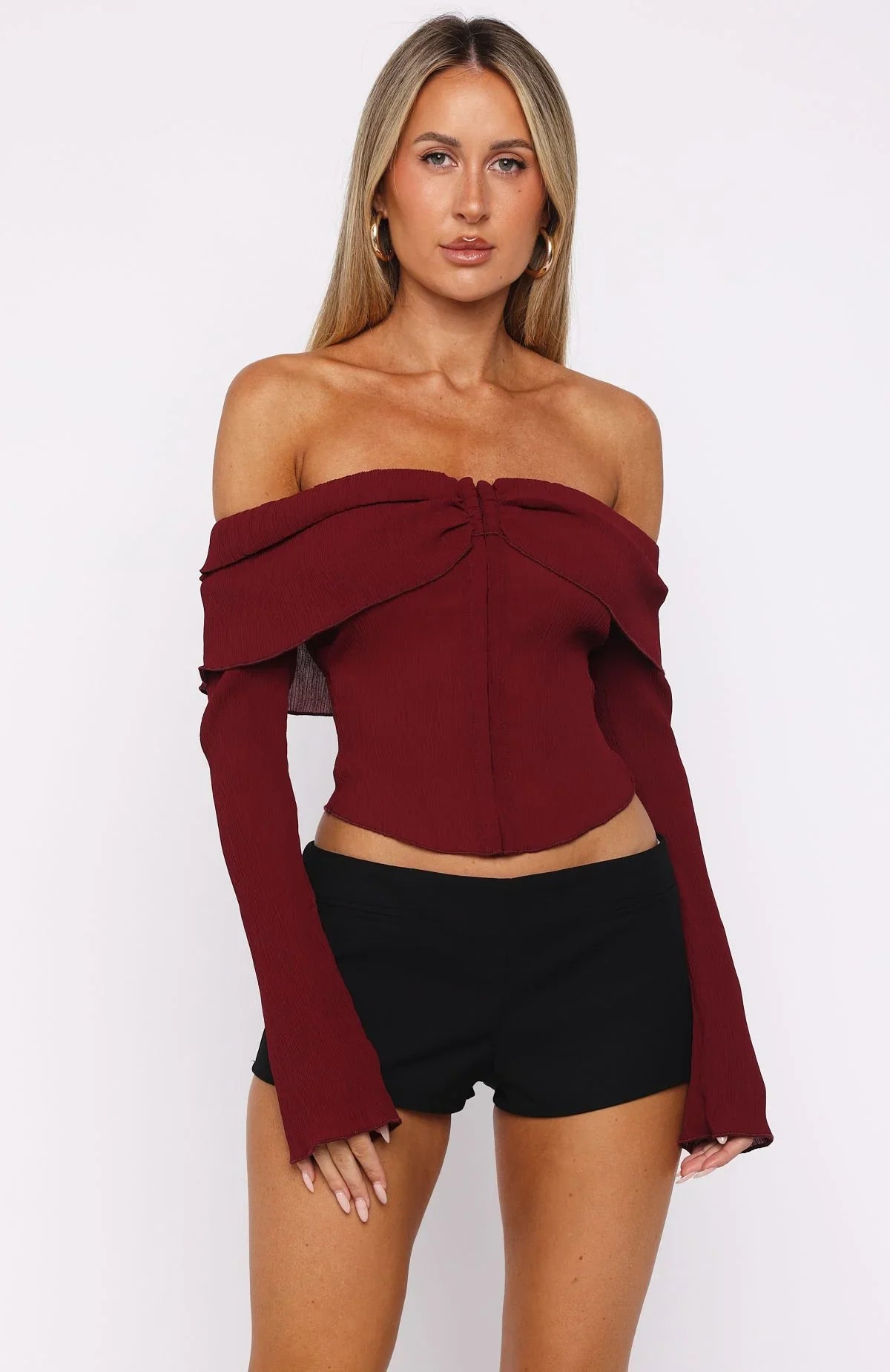 Mood Forever Long Sleeve Off Shoulder Top Burgundy