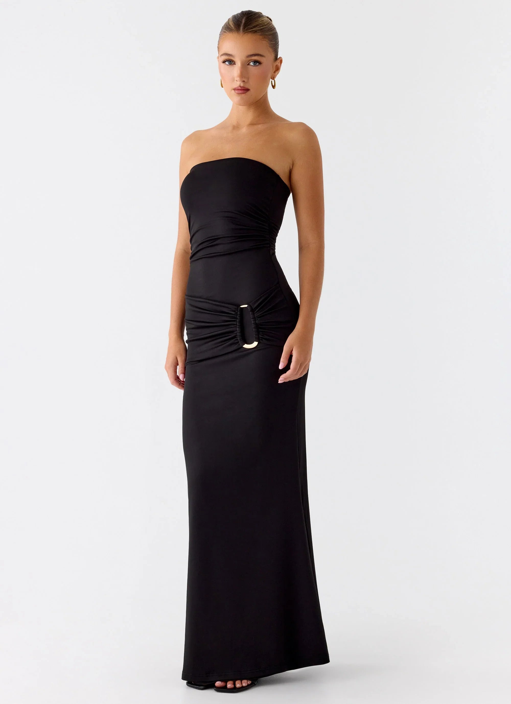 Metal Heart Strapless Maxi Dress - Black