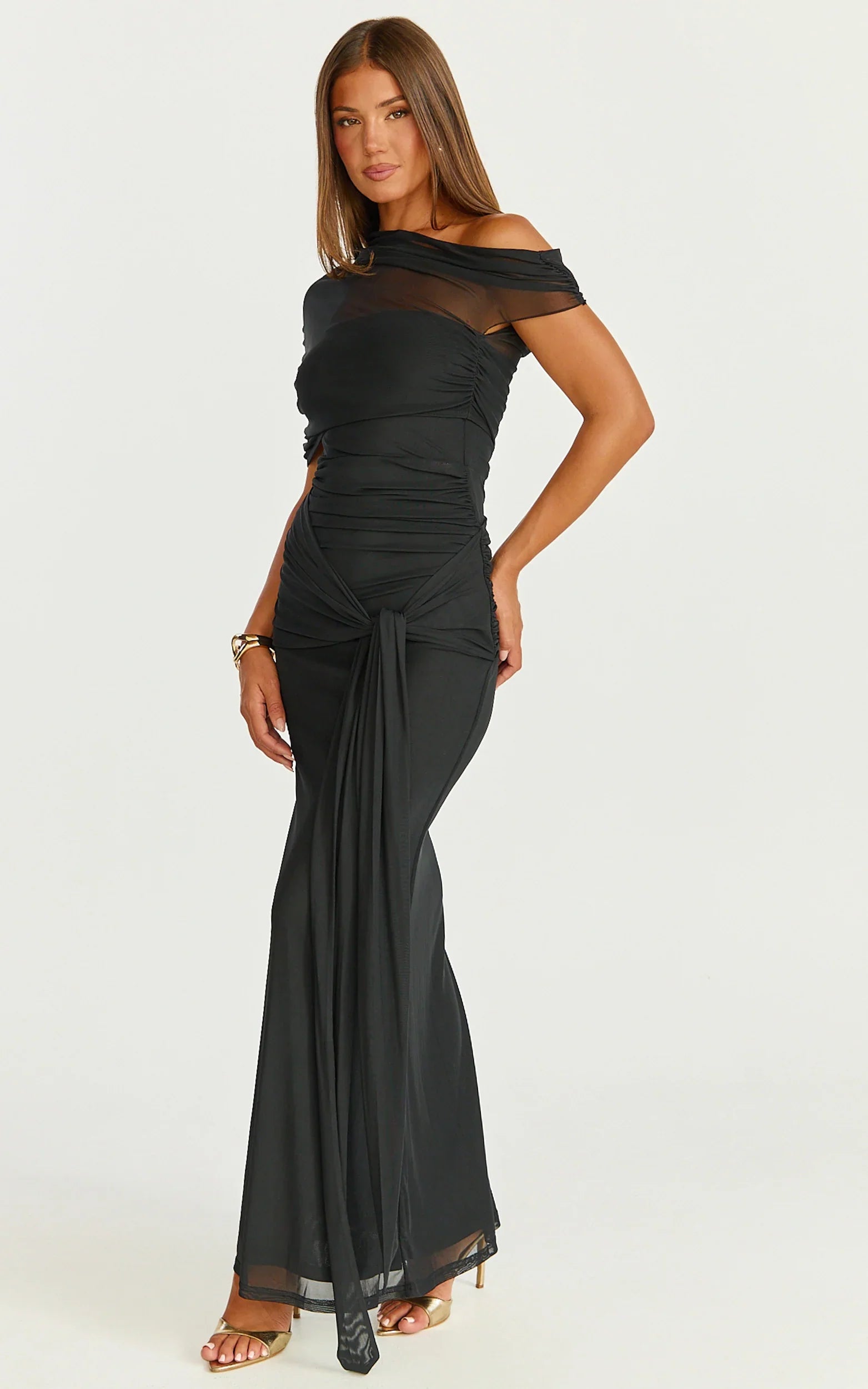 Nicolette Maxi Dress - Cape Sleeve Off Shoulder Dress in Black