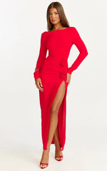 Vivienne Maxi Dress - Boat Neck Long Sleeve Rosette Detail Dress in Red