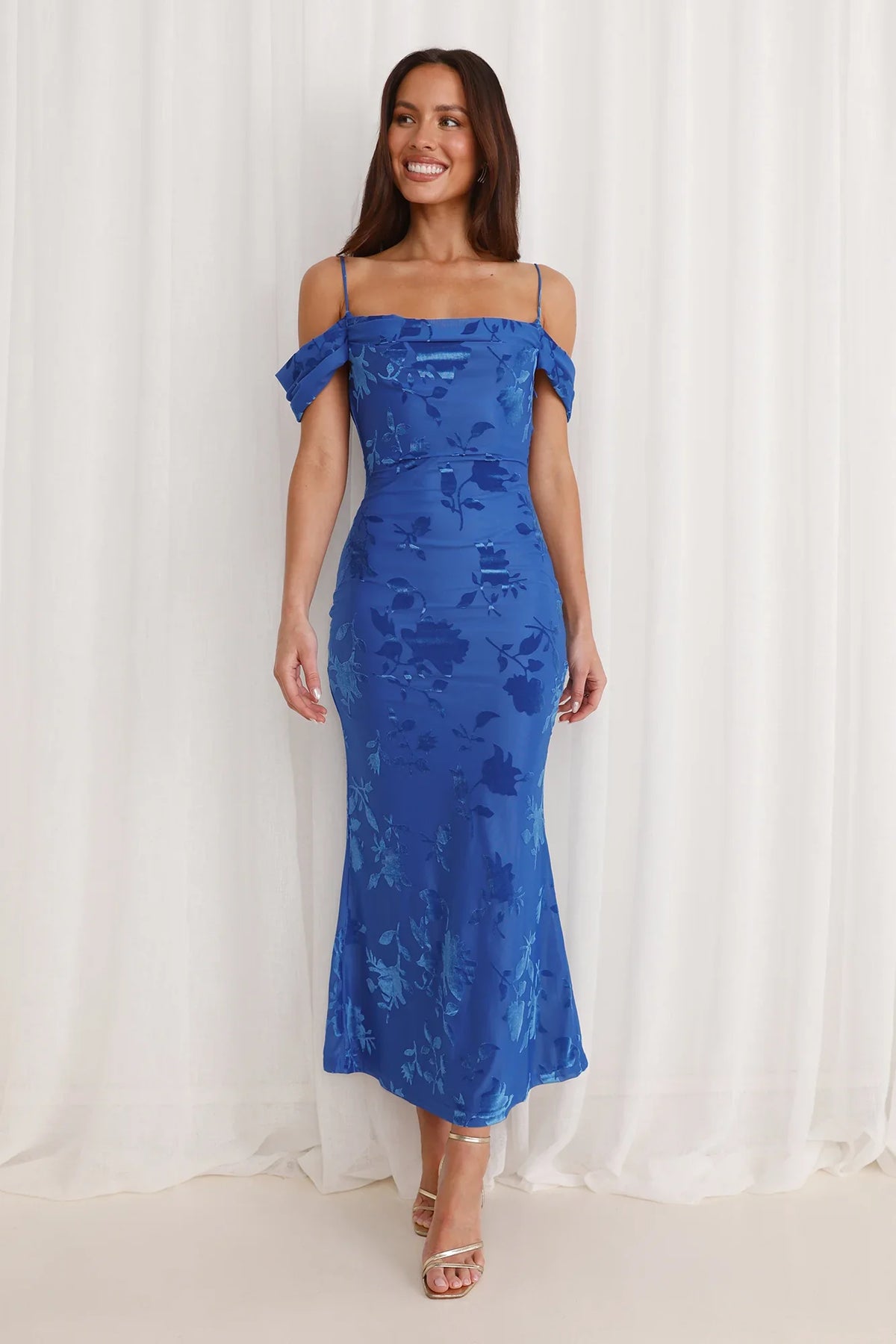 Good Fun Off Shoulder Maxi Dress Blue