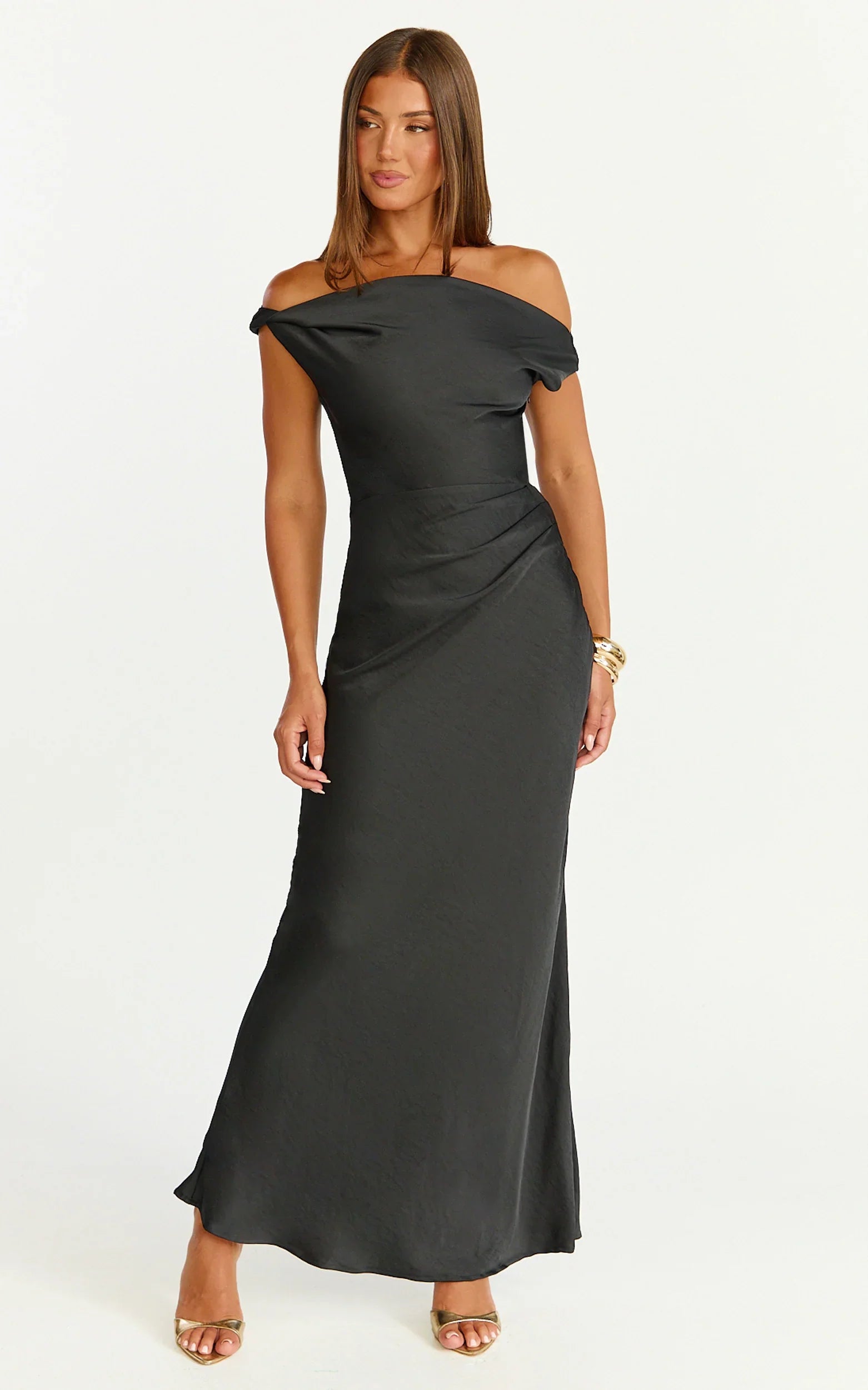 Lira Midi Dress - One Shoulder Satin Dress in Black