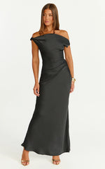 Lira Midi Dress - One Shoulder Satin Dress in Black