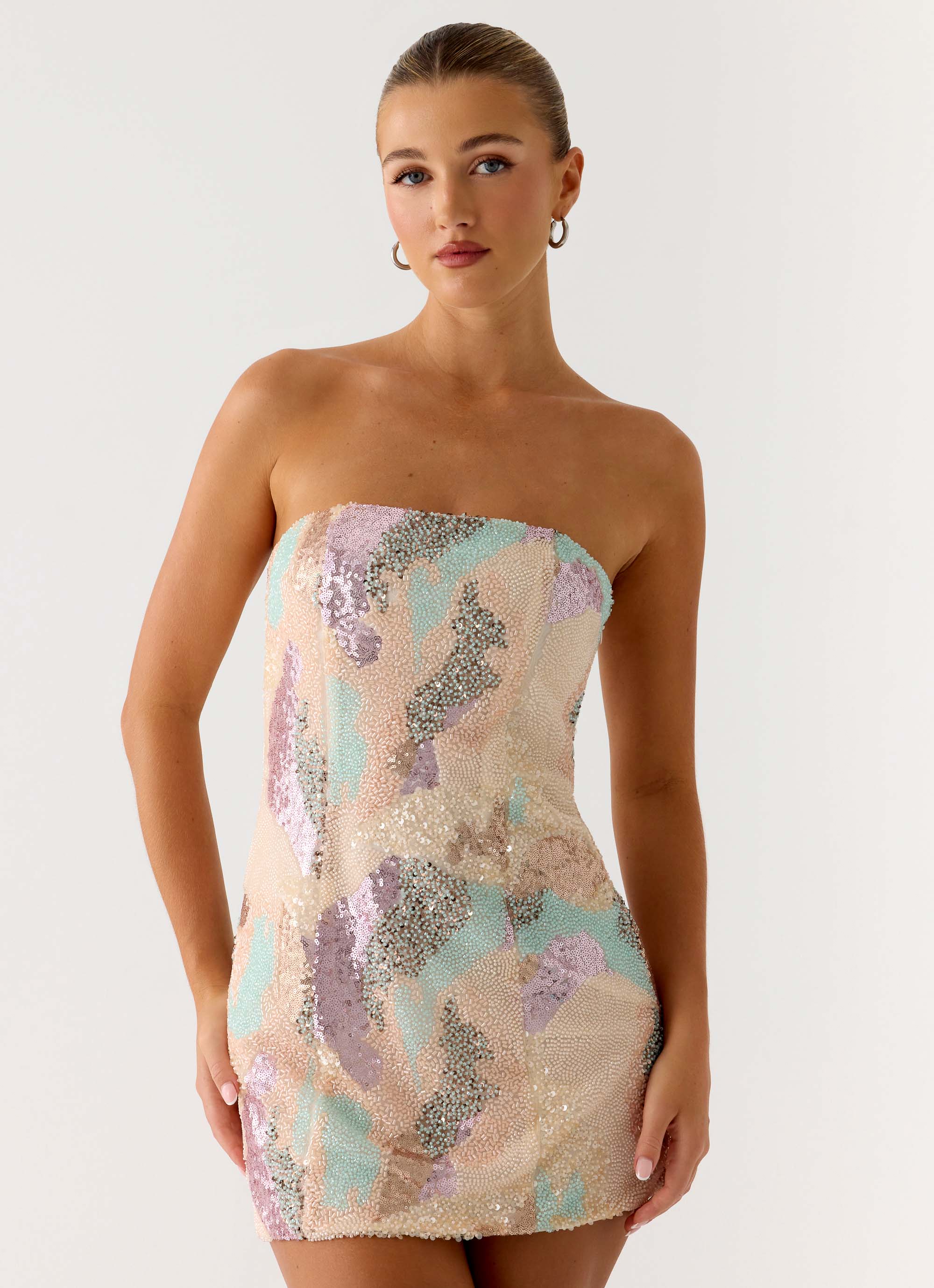 Leena Strapless Beaded Mini Dress - Swirl Sequin