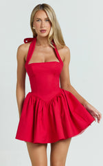 Helda Mini Dress - Halter Tie Neck Corset Panel Dress in Red