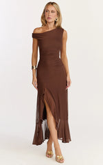 Judee Midi Dress - One Shoulder High Side Split Dress in Chocolate