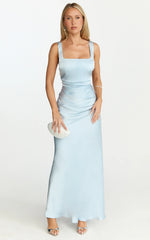 Rumi Midi Dress - Rushed Bodiest Satin Dress in Pale Blue