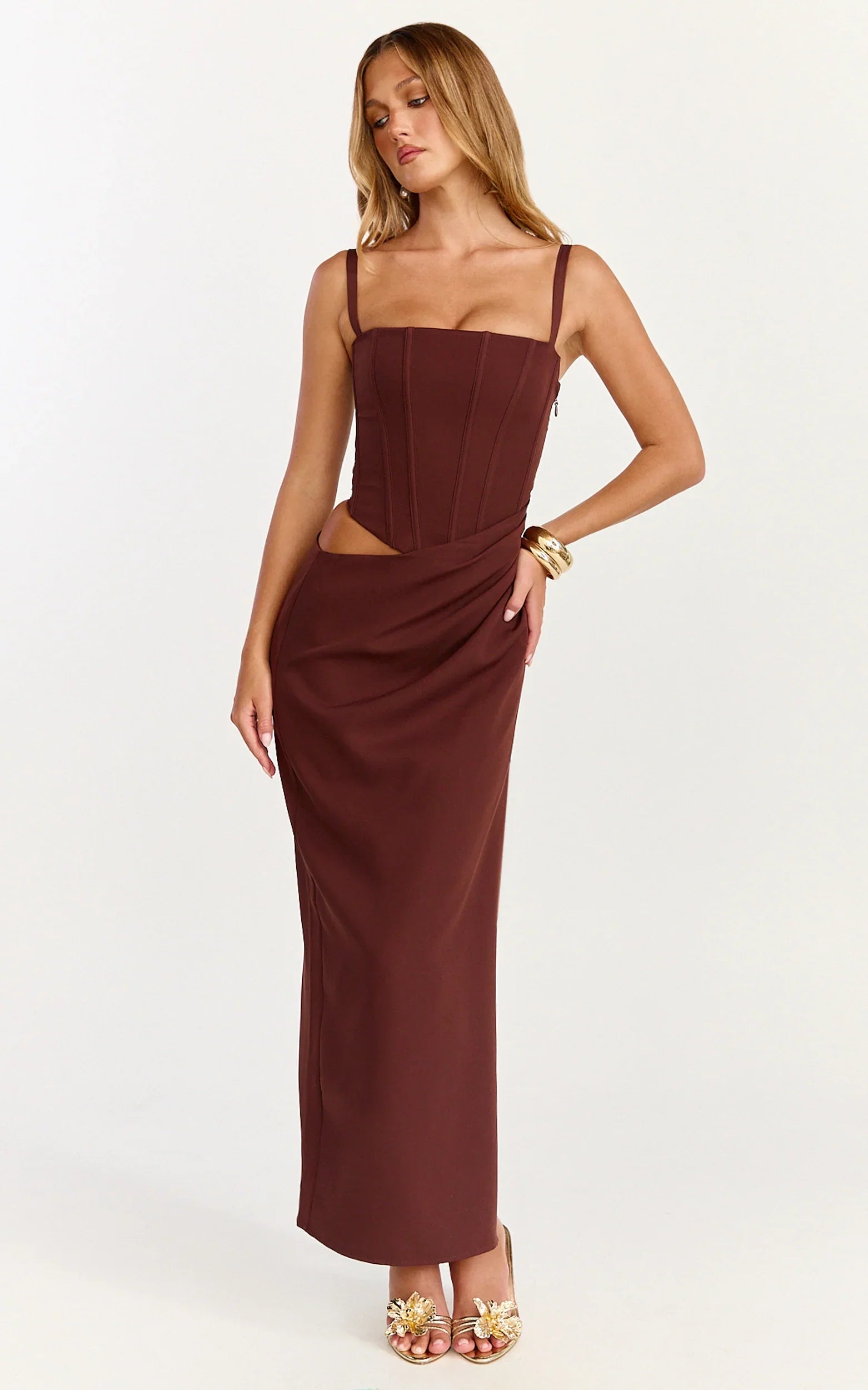 Jonas Maxi Dress - Strapless Corset Bodice Draped Waist Skirt Dress in Chocolate