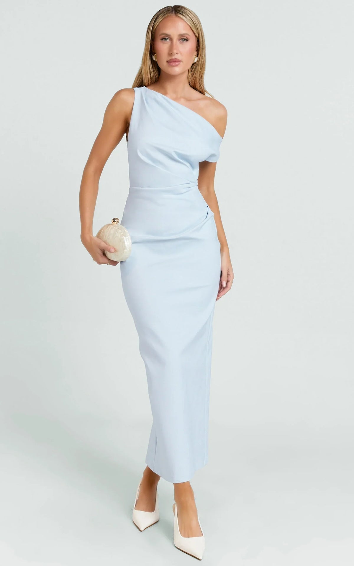 Alexandria Midi Dress - Tip Shoulder Draped Fitted Dress in Blue