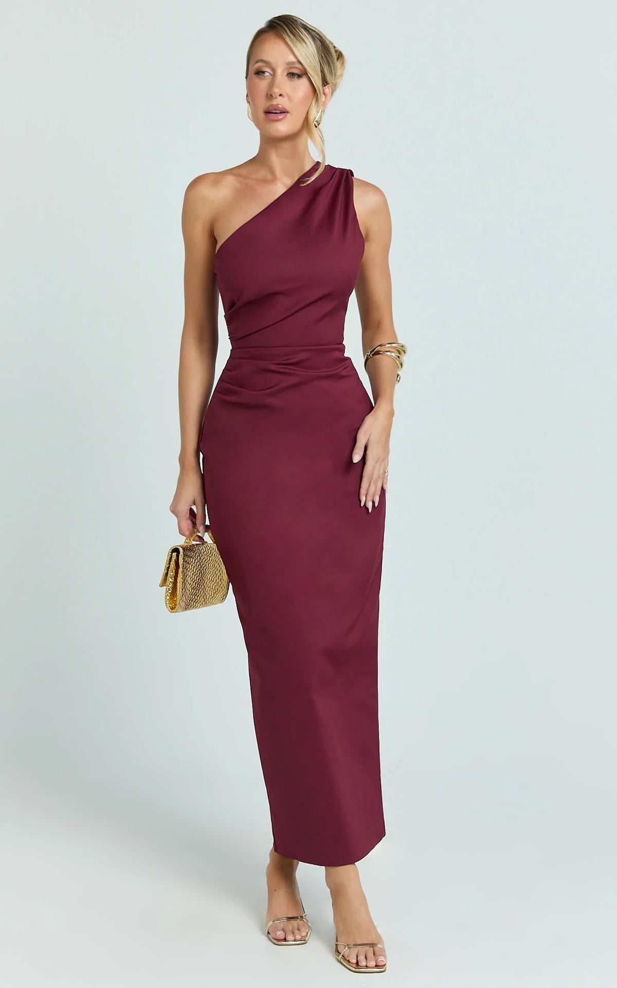 Karlie Midi Dress - One Shoulder Fitted Dress in Wine