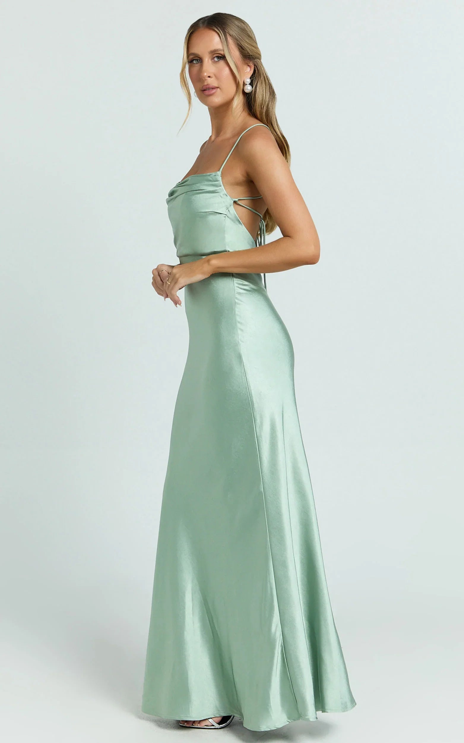 Hanna Maxi Dress - Satin Cowl Neck Low Back Dress in Sage