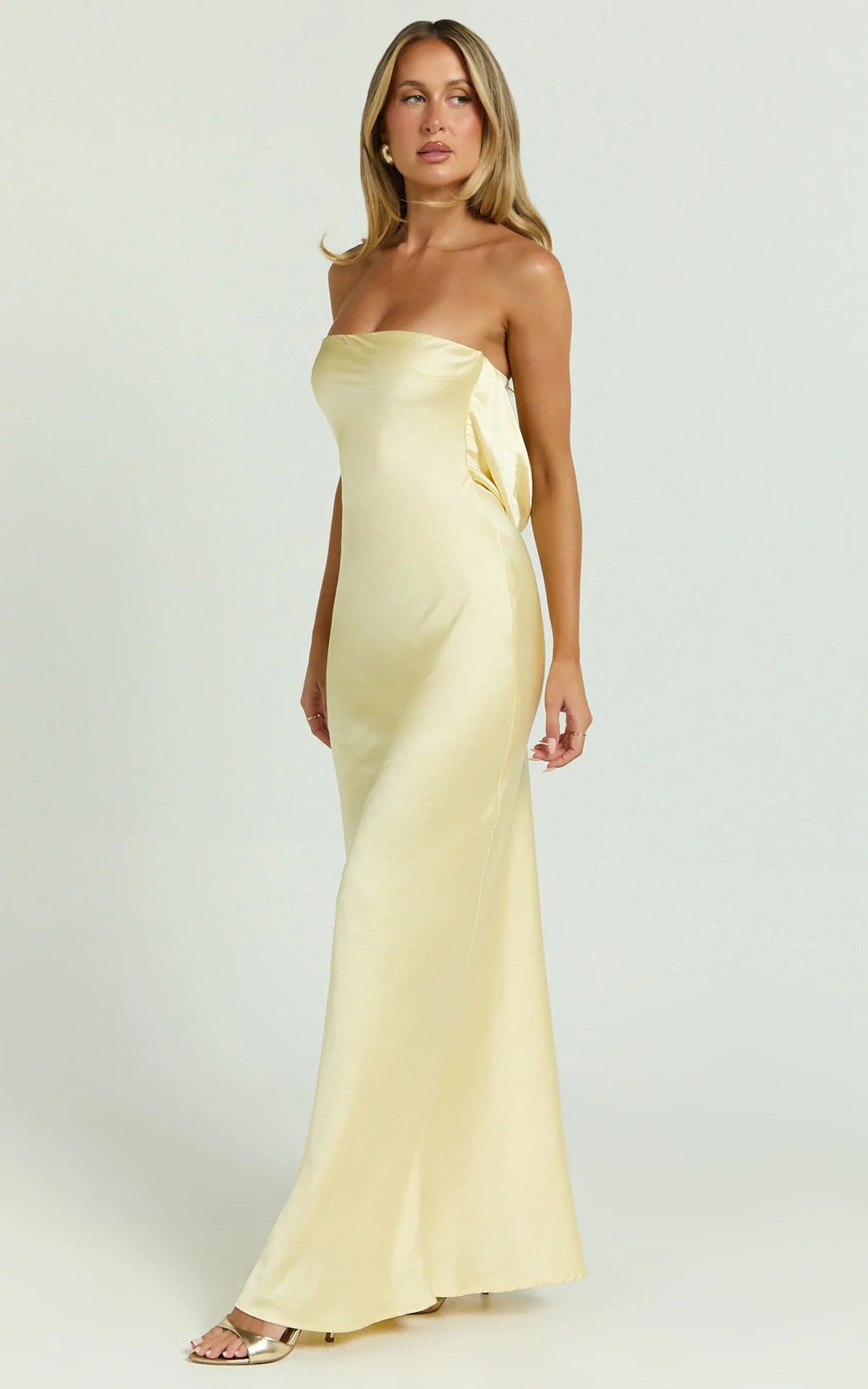 Charlita Maxi Dress - Strapless Cowl Back Satin Dress in Butter Yellow