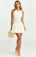 Cortez Mini Dress - High Neck Button Down Dress in White