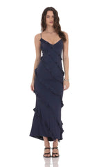 Ruffle V-Neck Maxi Dress in Navy