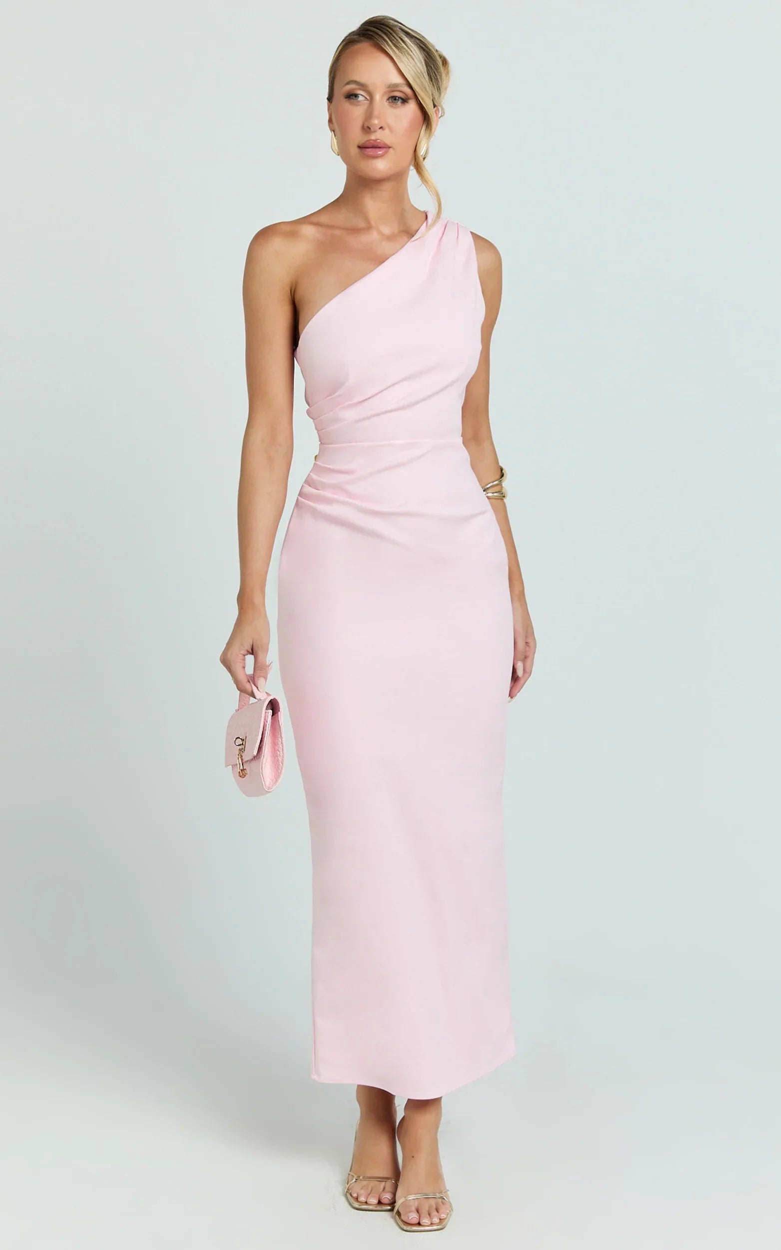 Karlie Midi Dress - One Shoulder Fitted Dress in Pink